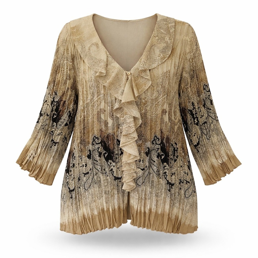 Maggie Barnes Accordion Pleats Ruffle Front Button Up Shirt Size 3X Tan Paisley